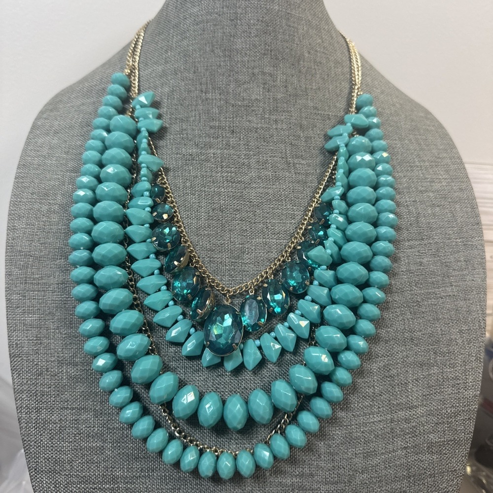 Turquoise Plastic Beaded Bib Necklace 25" Gold Tone Chain